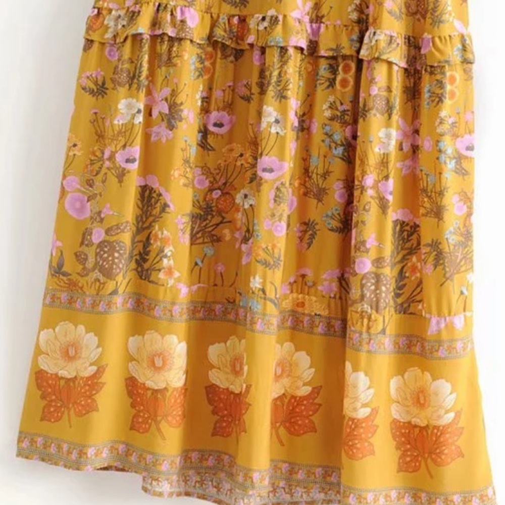 Boho 60s Floral Gypsy Print Maxi Dress Yellow - Picture 9 of 13